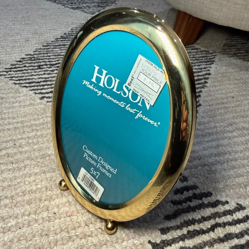 Holson 5x7 Oval Brass Tone Picture Frame Tabletop Vintage‎ Style Ball Feet